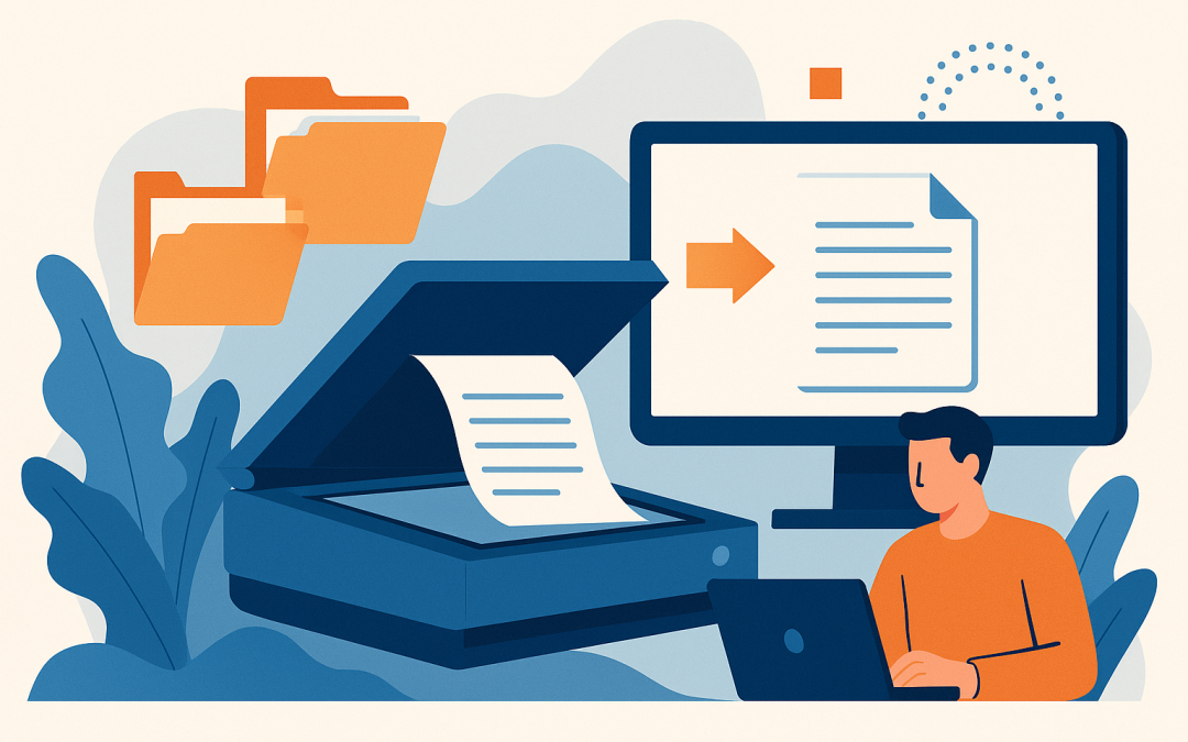Illustration showing document scanning and digital file transfer process