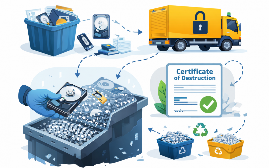 Secure hard drive destruction and data disposal process with certification
