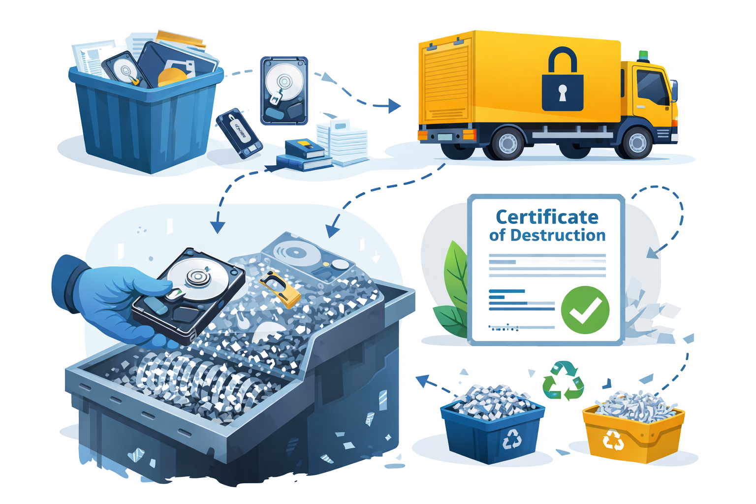 Secure hard drive destruction and data disposal process with certification